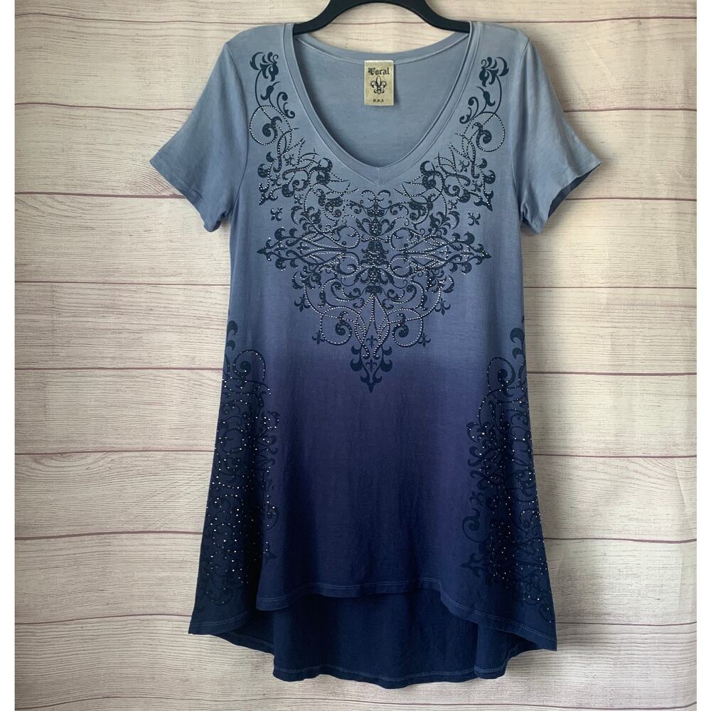 Vocal U.S.A. Blue Ombre Tunic Top Scroll Jeweled Front Size S
